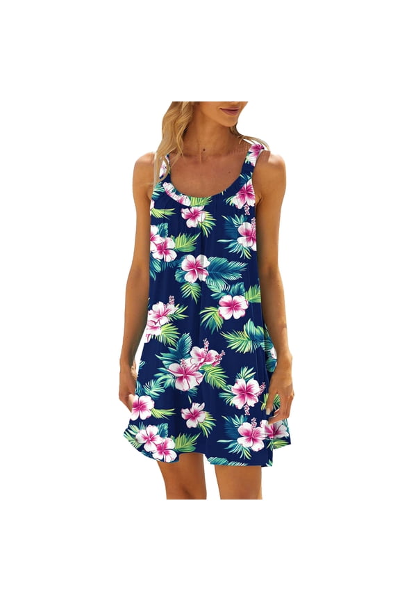 Womens Summer Dresses Crew Neck Sleeveless Midi Dress Wide Strap Casual Dresses Floral Sun Dress Green 2XL