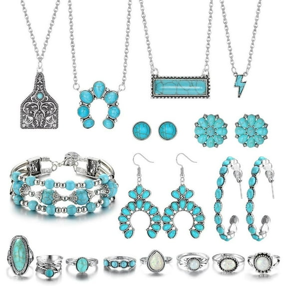 1 SET Western Bohemian Jewelry Set for Women - Turquoise Cuff Bracelet, Pendant Choker Necklace, Hoop Dangle Earrings, and Joint Knuckle Rings