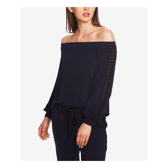 1. STATE $69 Womens Navy Lace Trim Detail Off Shoulder Long Sleeve Top M B+B