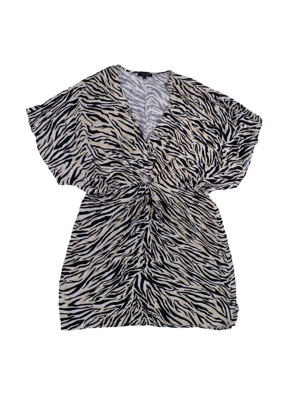 1 State Womens Swim Cover Up Dress V Neck Black White Zebra Print Large New