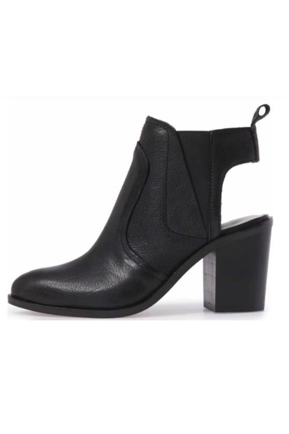 Leban Black Leather open Back Block Chunky Heel Cutout Ankle Booties (Black Leather, 6)