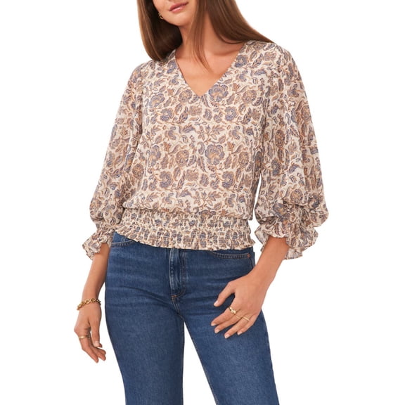 1.STATE Print Smocked Blouse Ivory Brown Size L