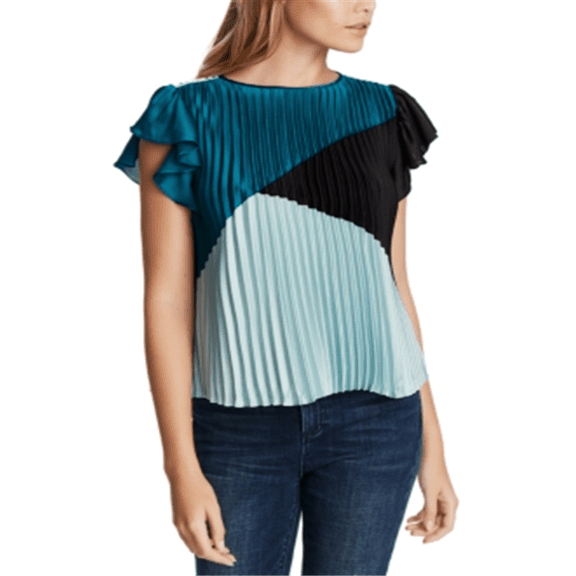 1.STATE Women's Colorblock Pleated Blouse Green Size Medium