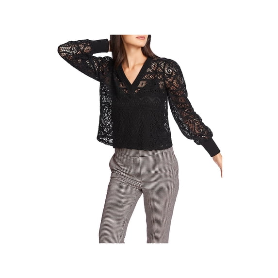 1.STATE Women's Lace Overlay V neck Blouse Black Size XS