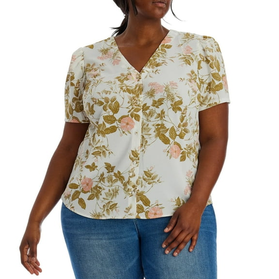 1. STATE Women's Plus Floral Print V-Neck Puff Sleeve Button Up Blouse Top-Cream / 2X
