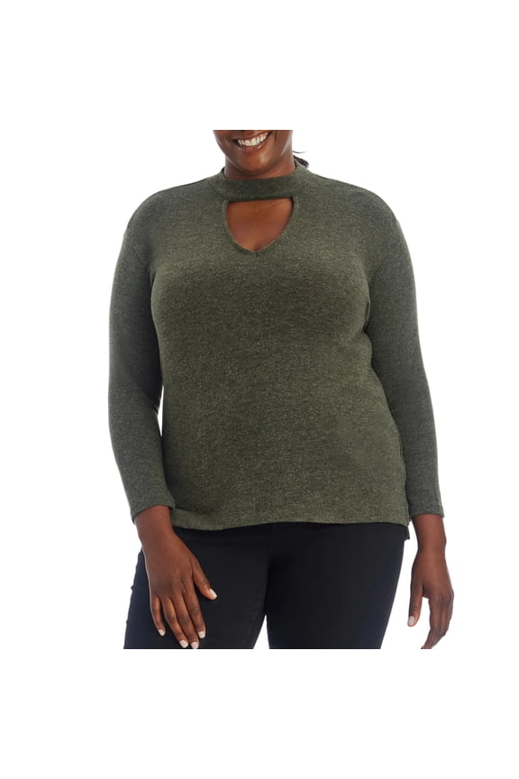 Women's Plus Long Sleeve Drop Shoulder Keyhole Top Sweater
