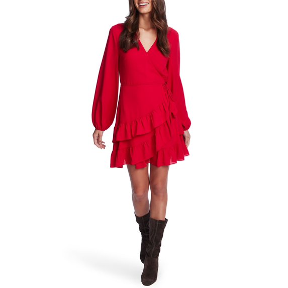 1.STATE Women's Ruffled Wrap Mini Dress Red Size 2