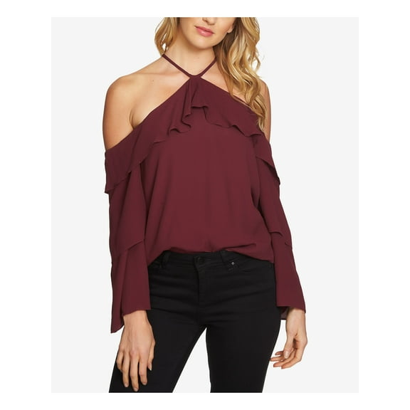 1. STATE Womens Burgundy Ruffled Halter Bell Sleeve Off Shoulder Evening Top S