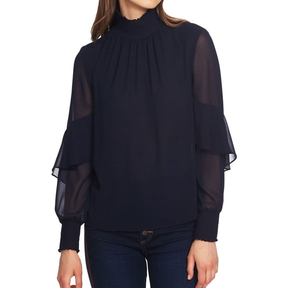 1.STATE Womens Chiffon Mock Neck Pullover Blouse, Blue, X-Small
