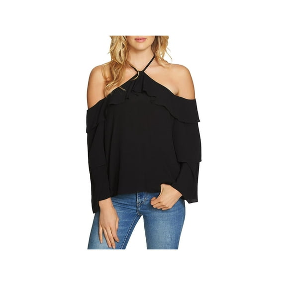 1.STATE Womens Cold Shoulder Knit Blouse, Black, Small