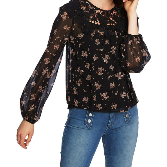 1.STATE Womens Crochet Trim Pullover Blouse, Black, Medium