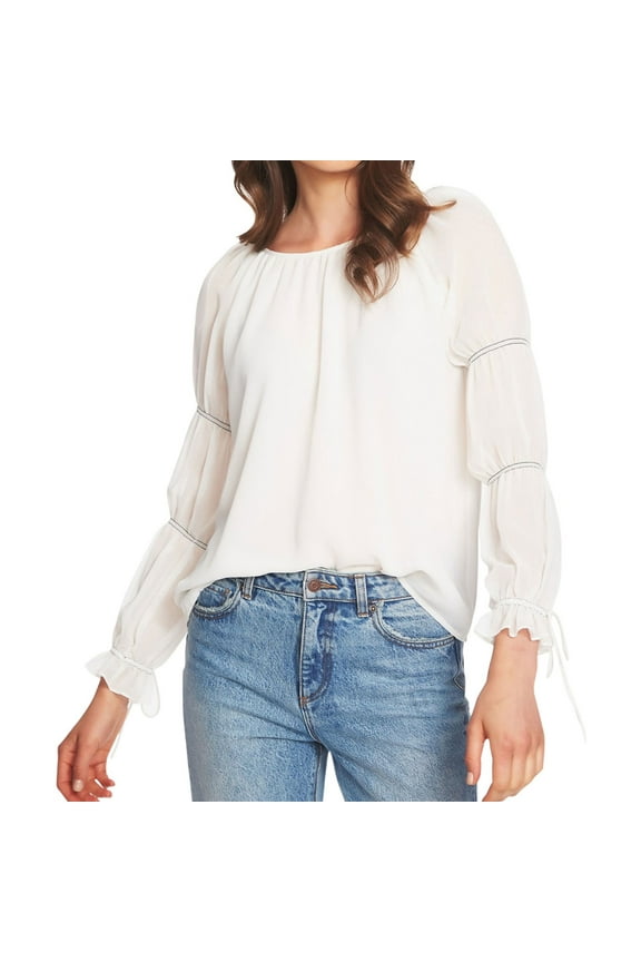 Womens Double Gathered Sleeve Pullover Blouse, White, Large