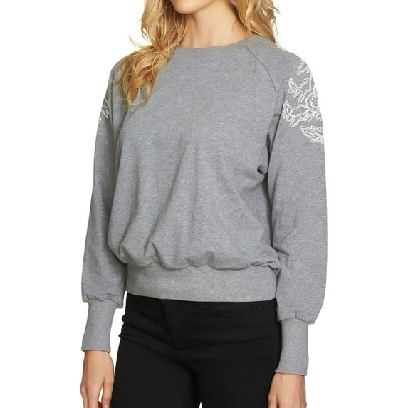 1.STATE Womens Embroidered Shoulder Sweatshirt, Grey, Large