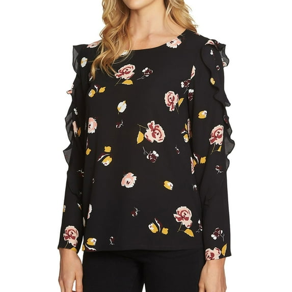 1.STATE Womens Floral Knit Blouse, Black, X-Small