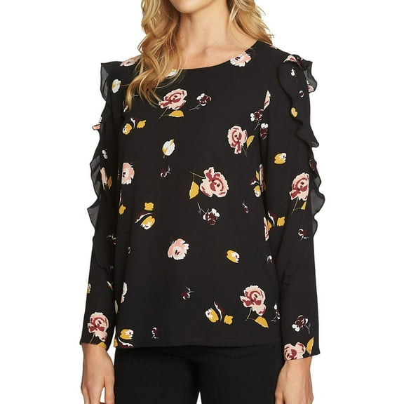 1.STATE Womens Floral Knit Blouse, Black, X-Small