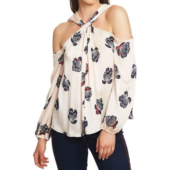 1.STATE Womens Floral Twist Neck Cold Shoulder Blouse, Pink, Small