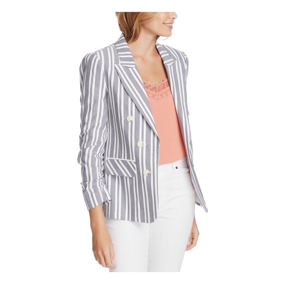 1. STATE Womens Ivory Cotton Blend Ruched 3/4-sleeves Striped Blazer Jacket XS