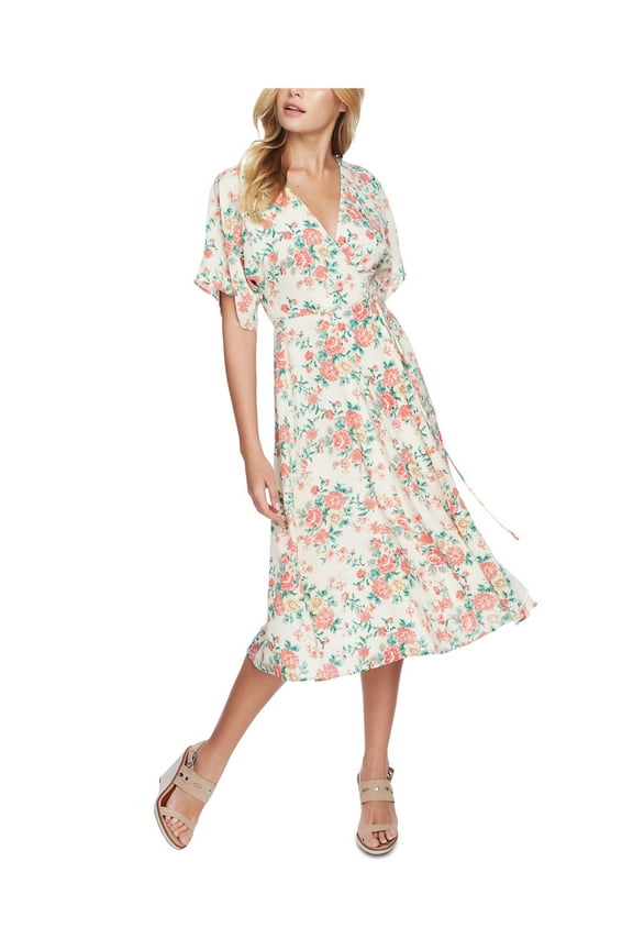 1. STATE Womens Ivory Tie Printed Flutter V Neck Midi Wrap Dress 14