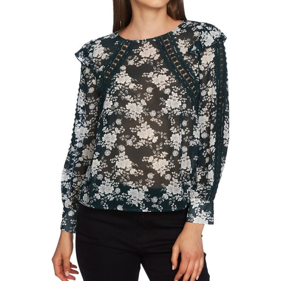 1.STATE Womens Lace Inset Pullover Blouse, Green, Small