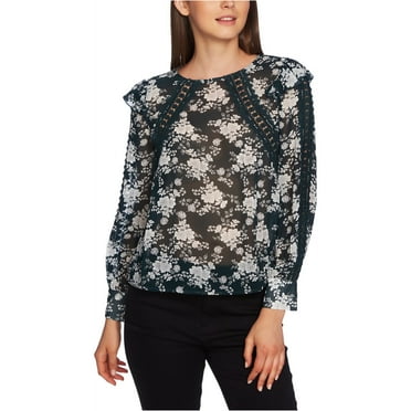 1.STATE Womens Lace Inset Pullover Blouse, Green, X-Small