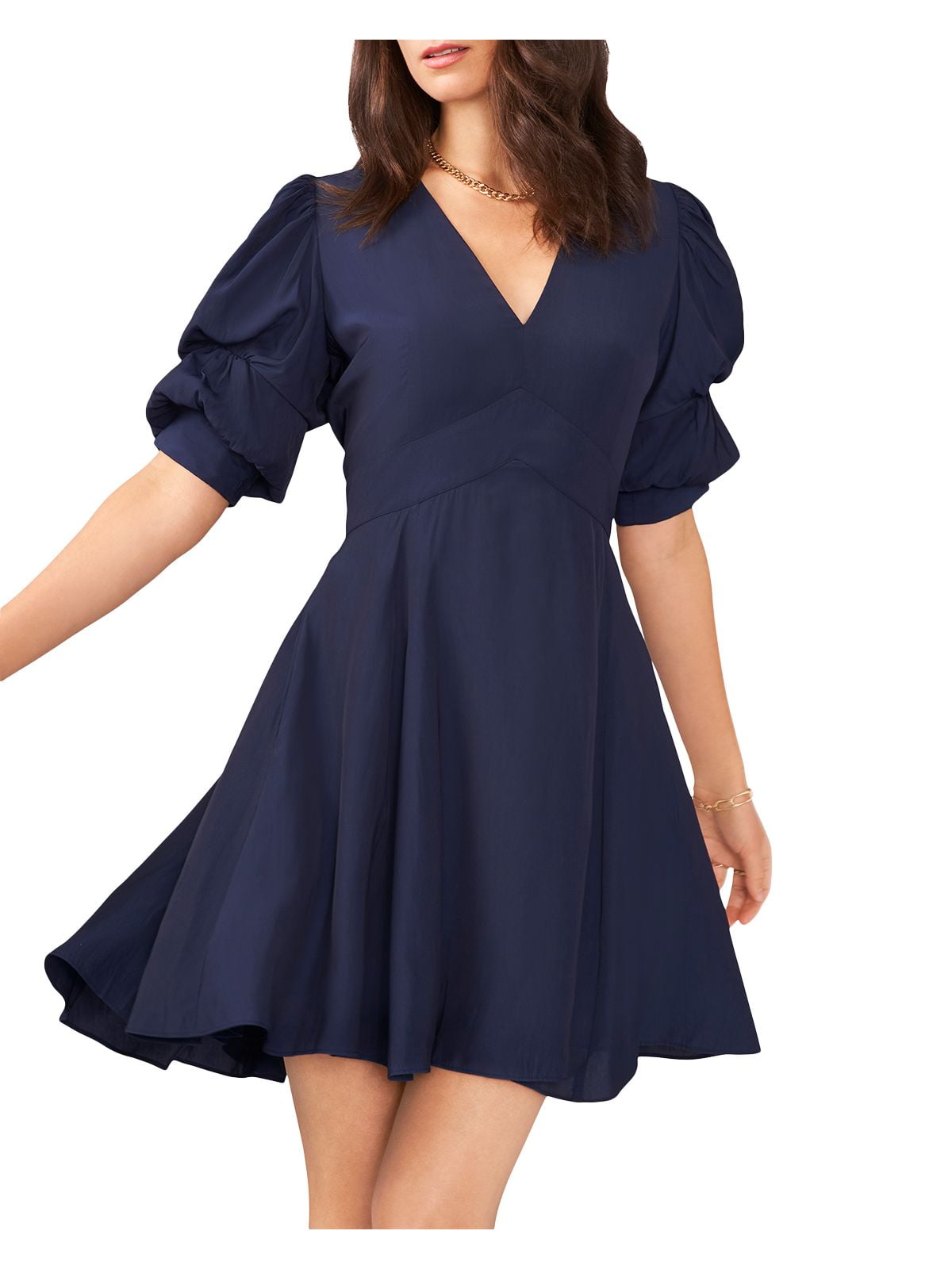1. STATE Womens Navy Zippered Gathered Lined Balloon Sleeve V Neck Short Fit  + Flare Dress S - Walmart.com