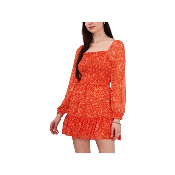 1. STATE Womens Orange Floral Balloon Sleeve Square Neck Short Party Ruffled Dress L
