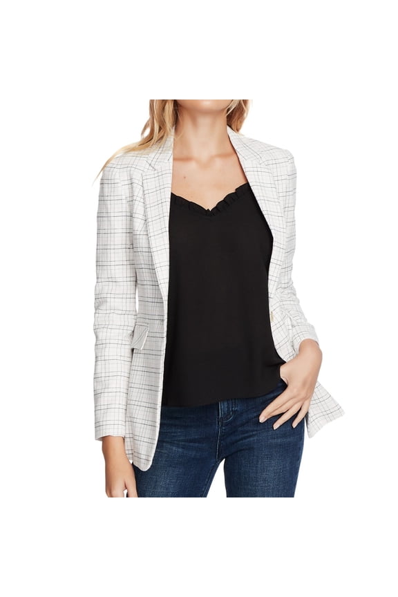 Womens Plaid One Button Blazer Jacket, White, 14