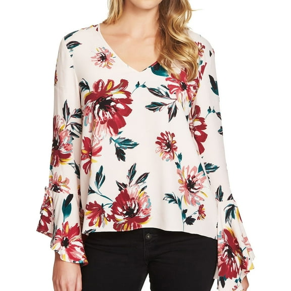 1.STATE Womens Printed Cascade-Sleeve Pullover Blouse, Pink, X-Small