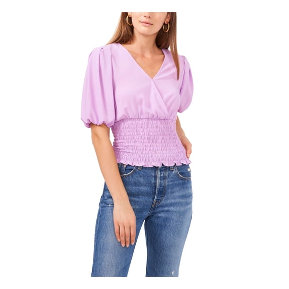 1. STATE Womens Purple Stretch Smocked Pleated Pouf Sleeve Surplice Neckline Top S