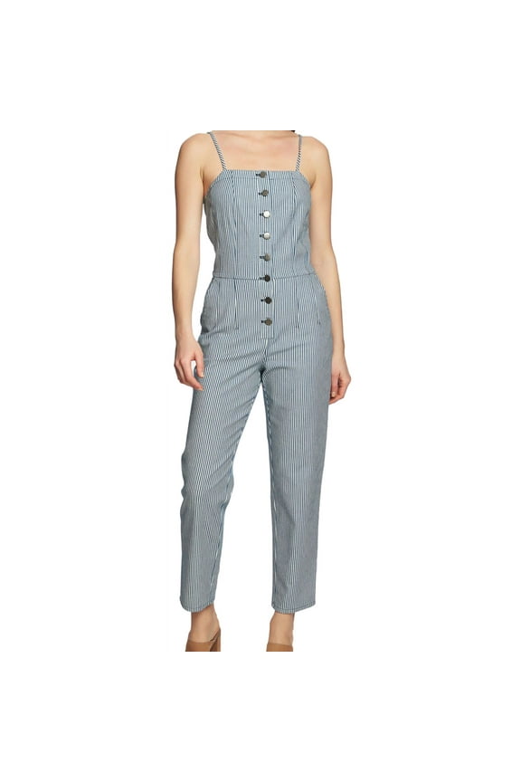 Womens Railroad Stripe Jumpsuit, Blue, 4