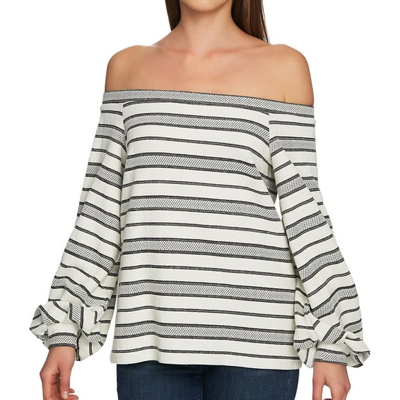 1.STATE Womens Ruched Sleeve Off the Shoulder Blouse, White, X-Small