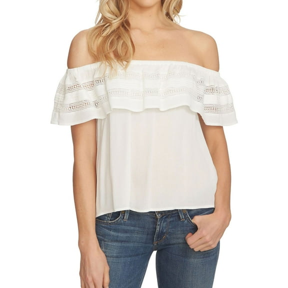 1.STATE Womens Ruffle Knit Blouse, White, Small