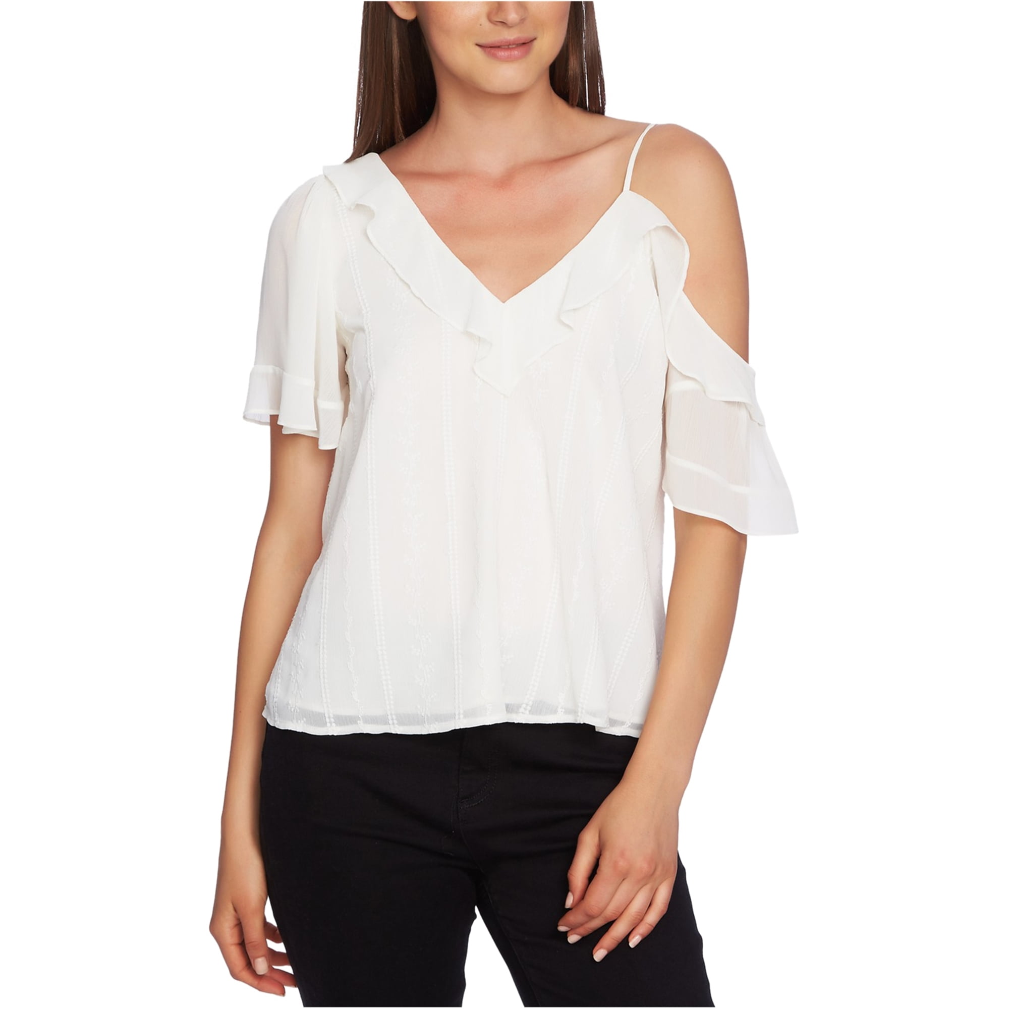 1.STATE Womens Ruffle Pullover Blouse, Off-White, X-Large