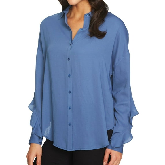 1.STATE Womens Ruffled Button Up Shirt, Blue, X-Small