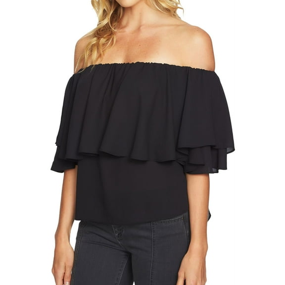 1.STATE Womens Ruffled Off the Shoulder Blouse, Black, X-Small