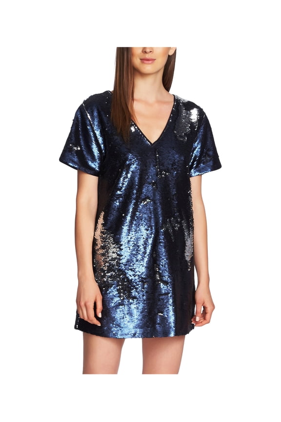 Womens Sequined Shift Dress, Blue, X-Large