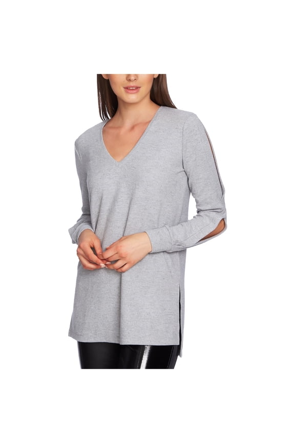 Womens Slitted Sleeve Pullover Sweater, Grey, Medium