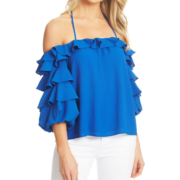 1.STATE Womens Solid Ruffled Blouse, Blue, Small