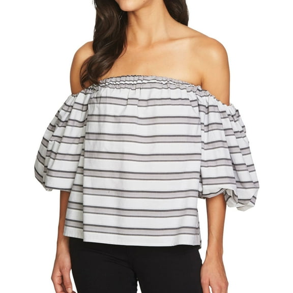 1.STATE Womens Striped Off the Shoulder Blouse, White, Small