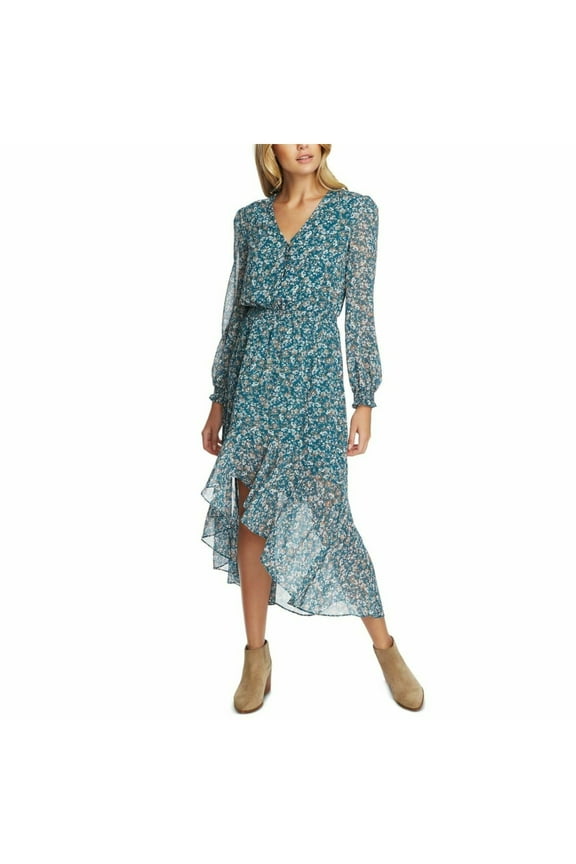 1. STATE Womens Teal Button Floral Long Sleeve V Neck Maxi Evening Hi-Lo Dress Plus 2X