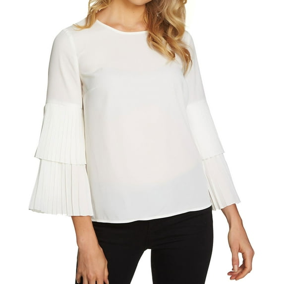 1.STATE Womens Tiered-Sleeve Knit Blouse, Off-White, X-Small