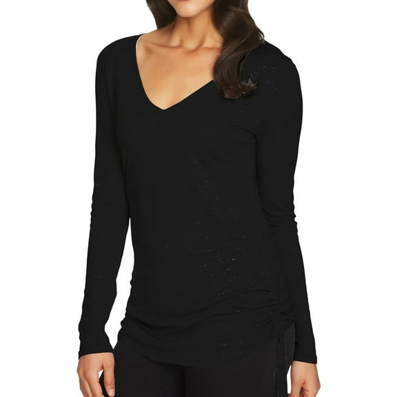 1.STATE Womens V-Neck Ruched-Side Basic T-Shirt, Black, Small