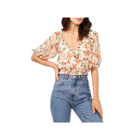1. STATE Womens White Ruffled Short Length Lined Floral Pouf Sleeve Surplice Neckline Top XL