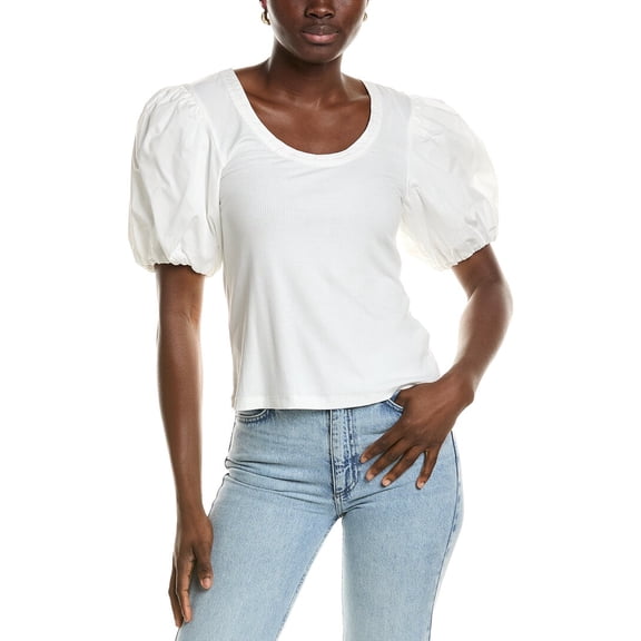 1.STATE womens  Combo Knit Puff Sleeve Top, m, White
