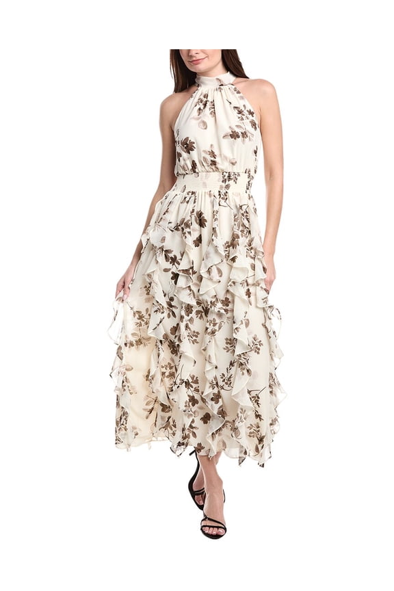 womens Flounce Cascading Maxi Dress, l, Brown