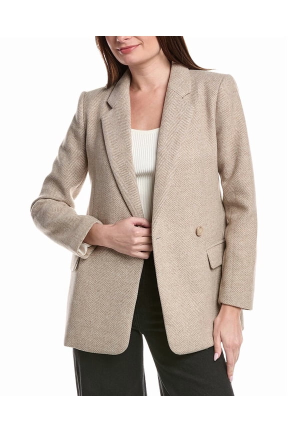 womens Single-Breasted Herringbone Wool-Blend Blazer, 0, Grey