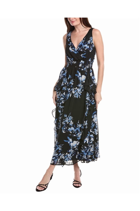 womens V-Neck Ruffle Maxi Dress, l, Blue