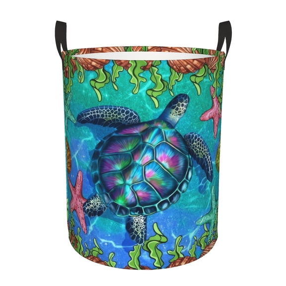 1 Sea Turtle Printed Laundry Basket - Vibrant Coral Reef Design, Foldable Large Capacity Durable Polyester Material with Sturdy Handle, Garment and Toy Storage Basket