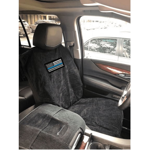 1 -  Seat Armour Seat Protector Cover/Towel with Thin Blue Line Police Flag Design - Black
