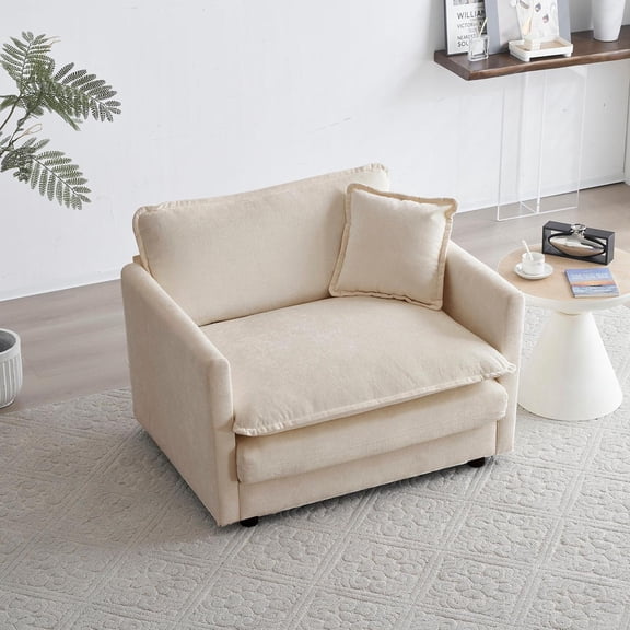 1-Seater Comfy Deep Single Seat Sofa Upholstered Reading Armchair Living Room Chair Fabric, 1 Toss Pillow (Beige)